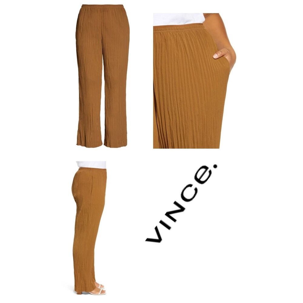 SZ S VINCE Plissé  Texture Pull-On Wide Leg Pants in Greenish/Goldish/Brown
